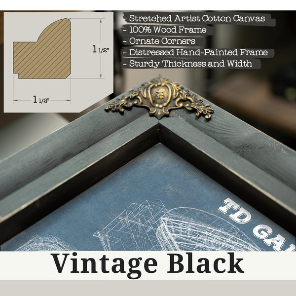 Vintage Black frame corner detail, 1.5 inch ornate wood moulding, Boston Bruins - TD Garden Hockey Blueprint NHL Print