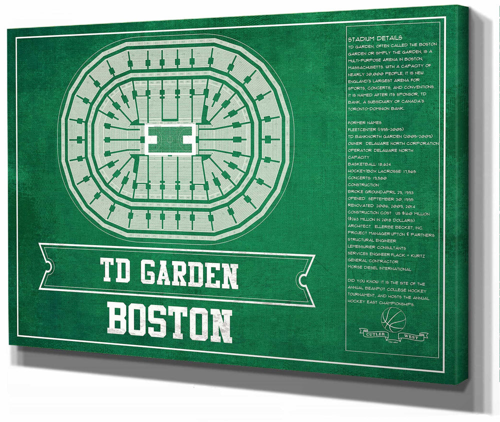 14" x 11" / Stretched Canvas Wrap Cutler West Boston Celtics - TD Garden Vintage Basketball Blueprint NBA Team Print