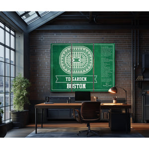 Boston Celtics - TD Garden Basketball Blueprint NBA Print as a 3 panel canvas wrap in an industrial loft office