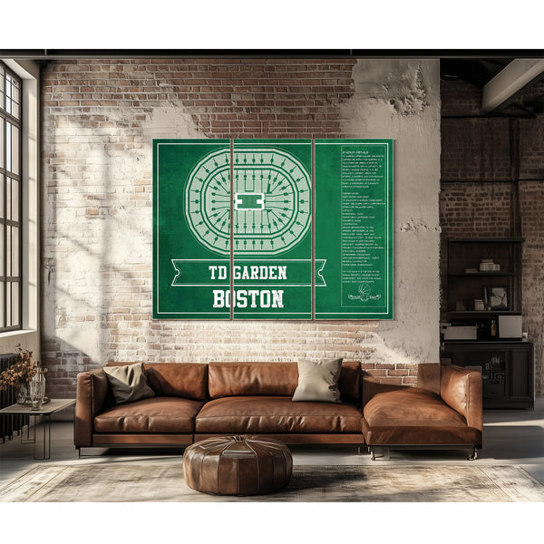 Boston Celtics - TD Garden Basketball Blueprint NBA Print as a 3 panel canvas wrap above a leather sofa