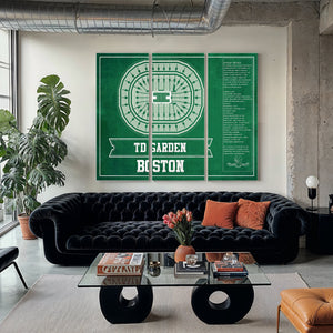 Boston Celtics - TD Garden Basketball Blueprint NBA Print as a 3 panel canvas wrap in a modern living room