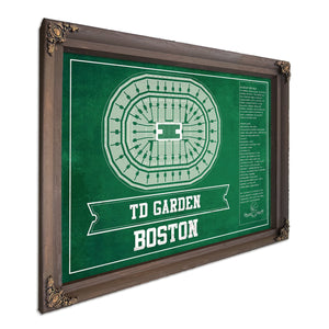 Boston Celtics - TD Garden Basketball Blueprint NBA Print in a Bourbon stained wood frame with antique gold corners