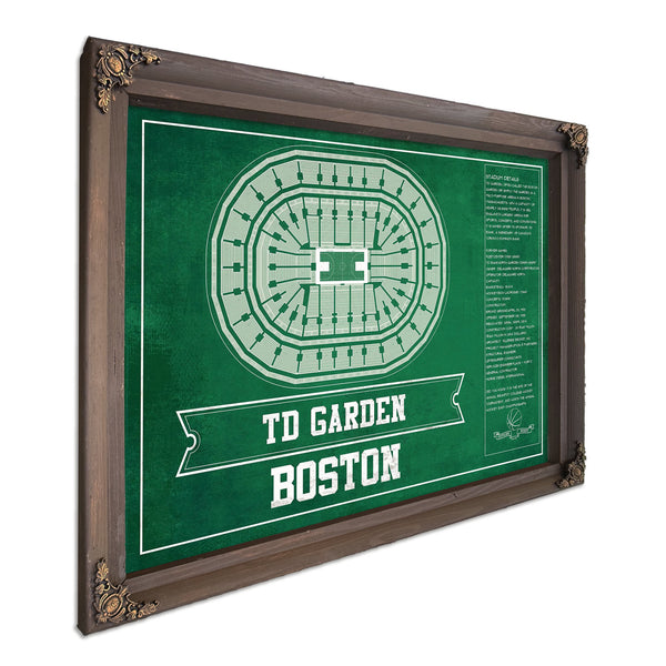 Boston Celtics - TD Garden Basketball Blueprint NBA Print in a Bourbon stained wood frame with antique gold corners