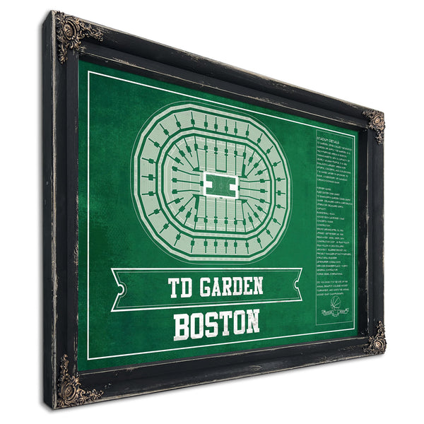 Boston Celtics - TD Garden Basketball Blueprint NBA Print in a distressed Vintage Black wood frame with ornate corners