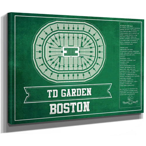 Boston Celtics - TD Garden Basketball Blueprint NBA Print as a stretched canvas wrap with gallery wrapped edges