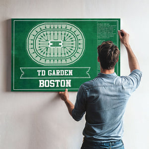 Boston Celtics - TD Garden Basketball Blueprint NBA Print framed in Vintage Black above a mid-century record console