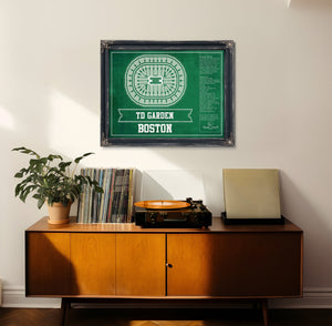Boston Celtics - TD Garden Basketball Blueprint NBA Print framed in Vintage Black in a loft bedroom