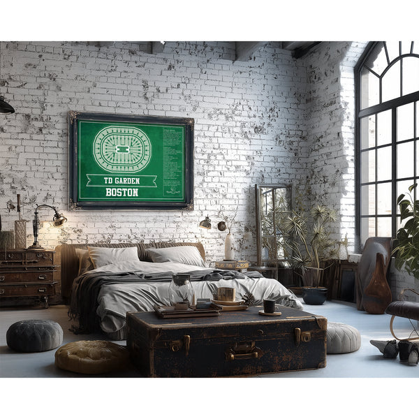 Boston Celtics - TD Garden Basketball Blueprint NBA Print framed in Vintage Black in a farmhouse entryway