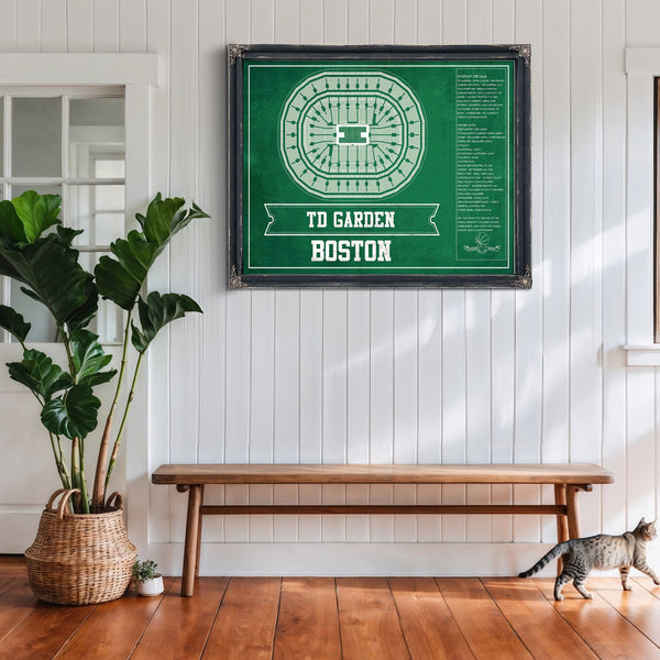 Boston Celtics - TD Garden Basketball Blueprint NBA Print framed in Vintage Black above a rustic console table