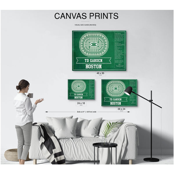 Boston Celtics - TD Garden Basketball Blueprint NBA Print displayed on a wall