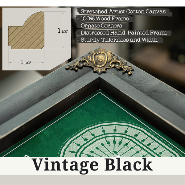 Vintage Black frame corner detail, 1.5 inch ornate wood moulding, Boston Celtics - TD Garden Basketball Blueprint NBA Print