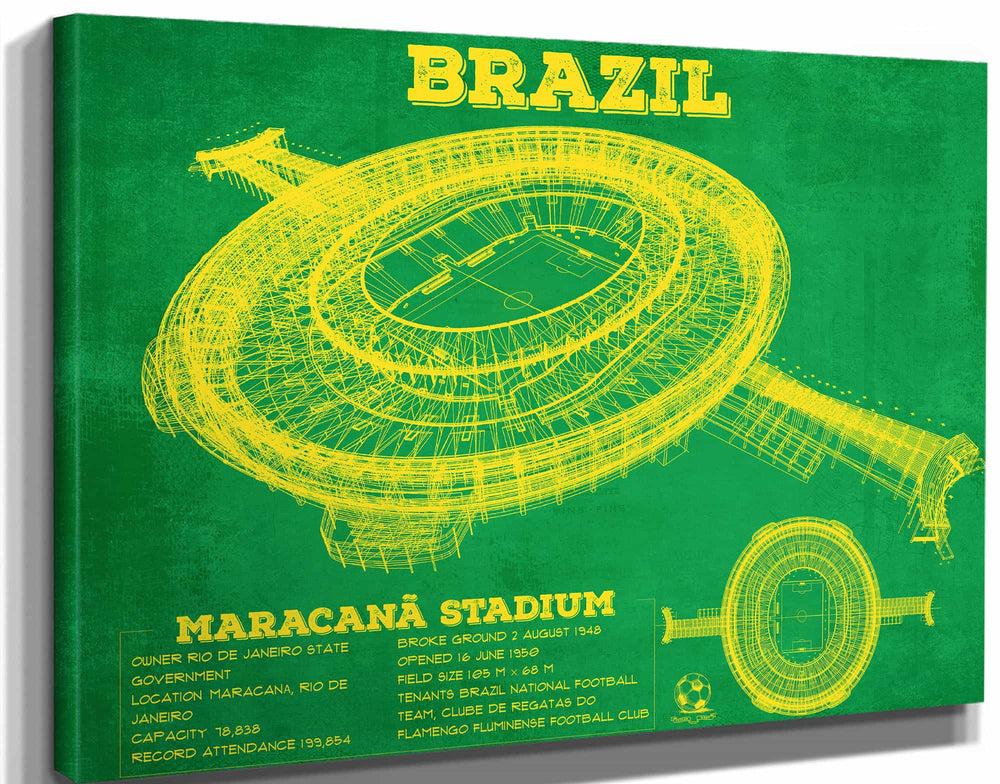 14" x 11" / Stretched Canvas Wrap Cutler West Brazil National Football Team Vintage MaracanÃ£ Stadium Soccer Print