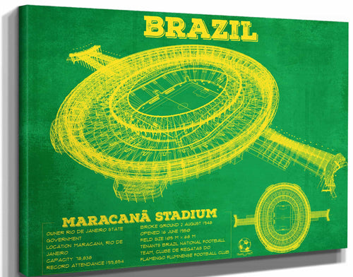 14" x 11" / Stretched Canvas Wrap Cutler West Brazil National Football Team Vintage MaracanÃ£ Stadium Soccer Print