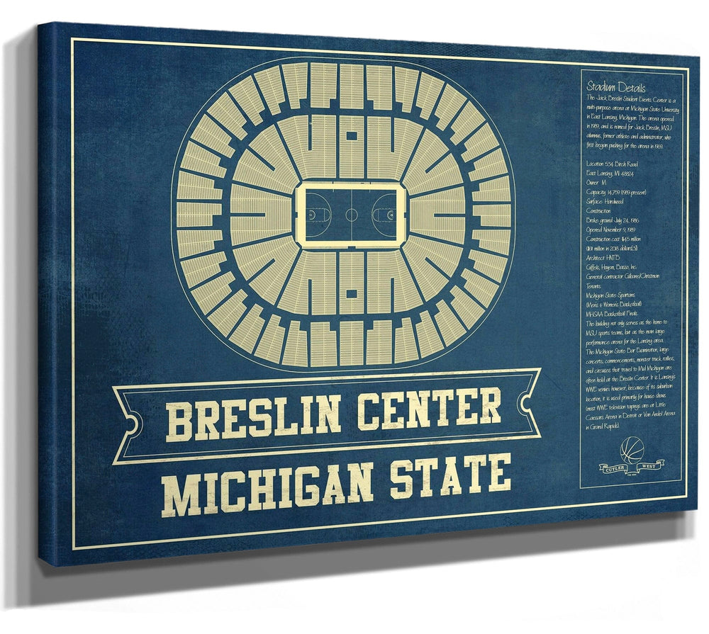14" x 11" / Stretched Canvas Wrap Cutler West Breslin Student Events Center - Michigan State Spartans NCAA College Basketball Blueprint Art