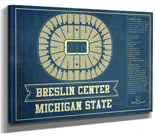 14" x 11" / Stretched Canvas Wrap Cutler West Breslin Student Events Center - Michigan State Spartans NCAA College Basketball Blueprint Art