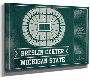 14" x 11" / Stretched Canvas Wrap Cutler West Breslin Student Events Center - Michigan State Spartans NCAA College Basketball Team Color Blueprint Art