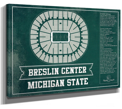 14" x 11" / Stretched Canvas Wrap Cutler West Breslin Student Events Center - Michigan State Spartans NCAA College Basketball Team Color Blueprint Art