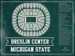 14" x 11" / Unframed Cutler West Breslin Student Events Center - Michigan State Spartans NCAA College Basketball Team Color Blueprint Art