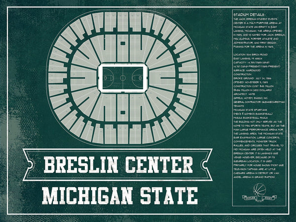 14" x 11" / Unframed Cutler West Breslin Student Events Center - Michigan State Spartans NCAA College Basketball Team Color Blueprint Art