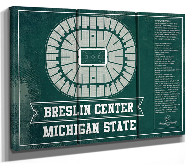 36" x 24" / 3 Panel Canvas Wrap Cutler West Breslin Student Events Center - Michigan State Spartans NCAA College Basketball Team Color Blueprint Art