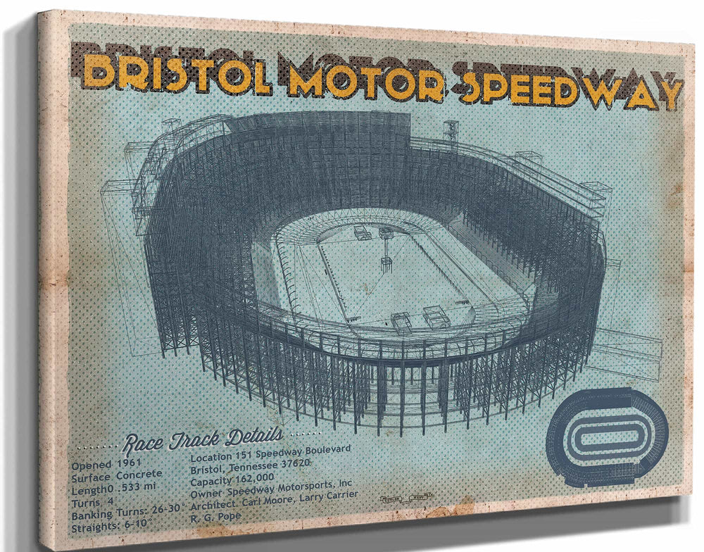 14" x 11" / Stretched Canvas Wrap Cutler West Bristol Speedway Blueprint NASCAR Race Track Print