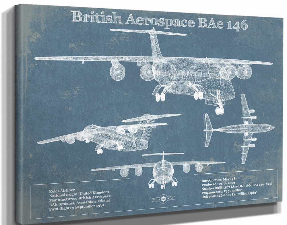 14" x 11" / Stretched Canvas Wrap Cutler West British Aerospace BAe 146 / Avro RJ Vintage Aviation Blueprint Print
