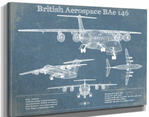 14" x 11" / Stretched Canvas Wrap Cutler West British Aerospace BAe 146 / Avro RJ Vintage Aviation Blueprint Print