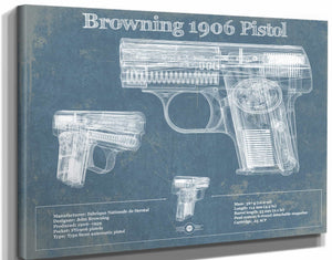 14" x 11" / Stretched Canvas Wrap Cutler West Browning 1906 Pistol Blueprint Vintage Gun Print