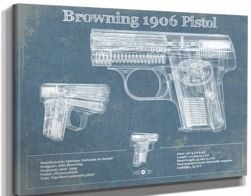14" x 11" / Stretched Canvas Wrap Cutler West Browning 1906 Pistol Blueprint Vintage Gun Print