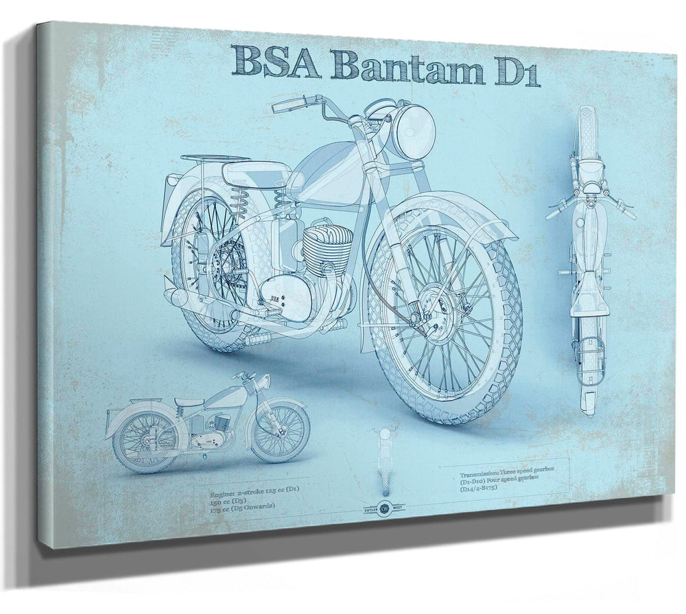 14" x 11" / Stretched Canvas Wrap Cutler West BSA Bantam D1 Blueprint Motorcycle Patent Print