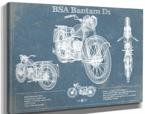14" x 11" / Stretched Canvas Wrap Cutler West BSA Bantam D1 Blueprint Motorcycle Patent Print