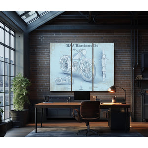BSA Bantam D1 Blueprint Motorcycle Print as a 3 panel canvas wrap in an industrial loft office