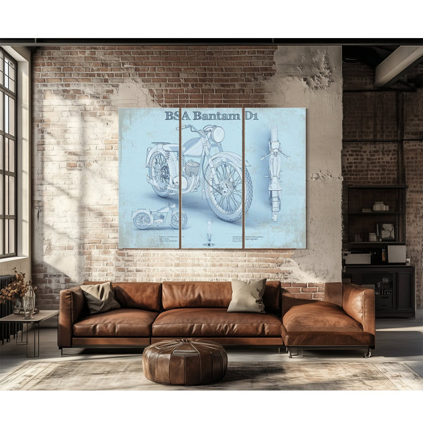 BSA Bantam D1 Blueprint Motorcycle Print as a 3 panel canvas wrap above a leather sofa