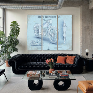 BSA Bantam D1 Blueprint Motorcycle Print as a 3 panel canvas wrap in a modern living room