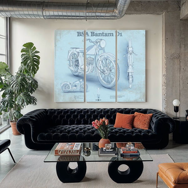 BSA Bantam D1 Blueprint Motorcycle Print as a 3 panel canvas wrap in a modern living room