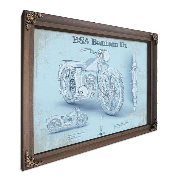 BSA Bantam D1 Blueprint Motorcycle Print in a Bourbon stained wood frame with antique gold corners