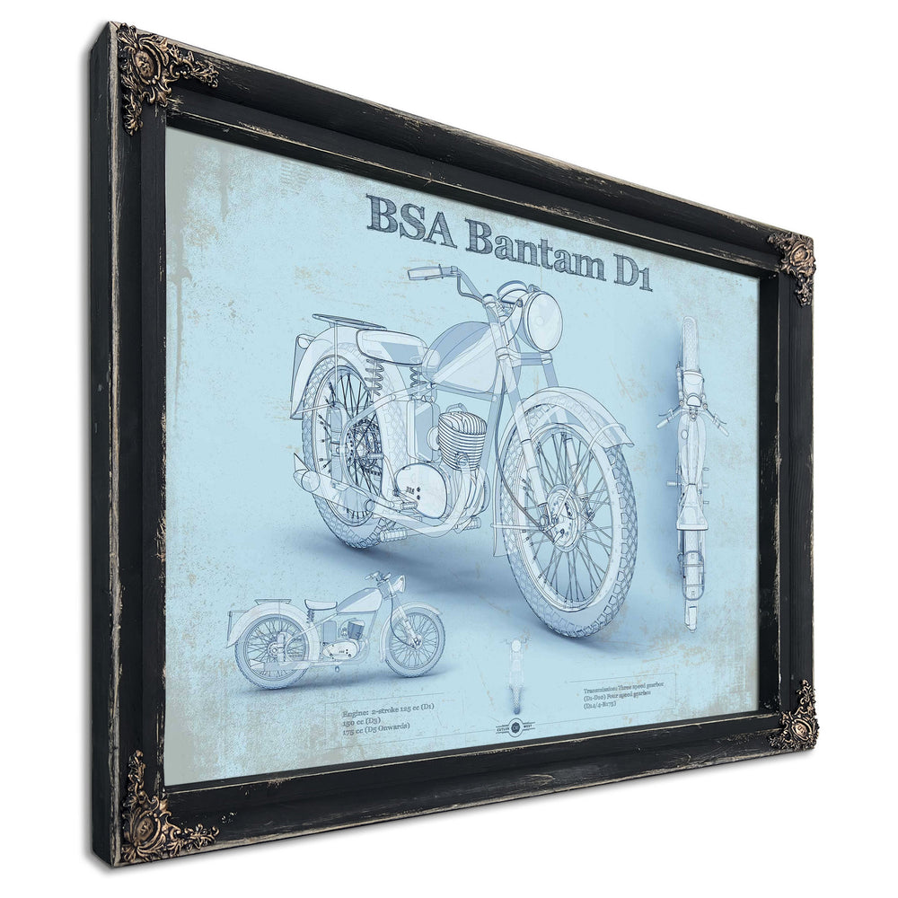BSA Bantam D1 Blueprint Motorcycle Print in a distressed Vintage Black wood frame with ornate corners