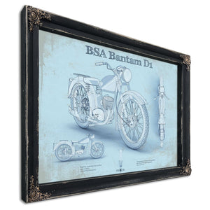 BSA Bantam D1 Blueprint Motorcycle Print in a distressed Vintage Black wood frame with ornate corners
