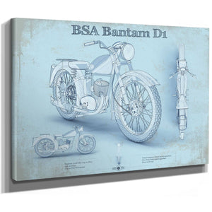 BSA Bantam D1 Blueprint Motorcycle Print as a stretched canvas wrap with gallery wrapped edges