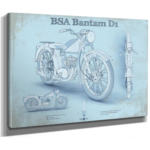BSA Bantam D1 Blueprint Motorcycle Print as a stretched canvas wrap with gallery wrapped edges