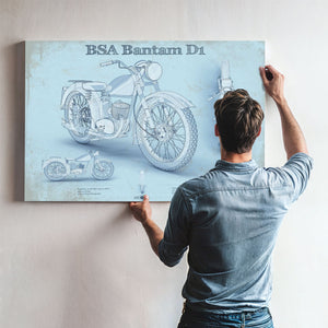 BSA Bantam D1 Blueprint Motorcycle Print framed in Vintage Black above a mid-century record console