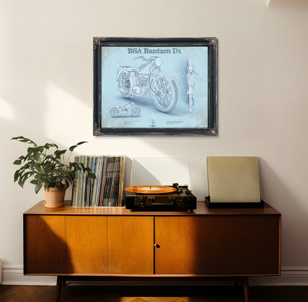 BSA Bantam D1 Blueprint Motorcycle Print framed in Vintage Black in a loft bedroom