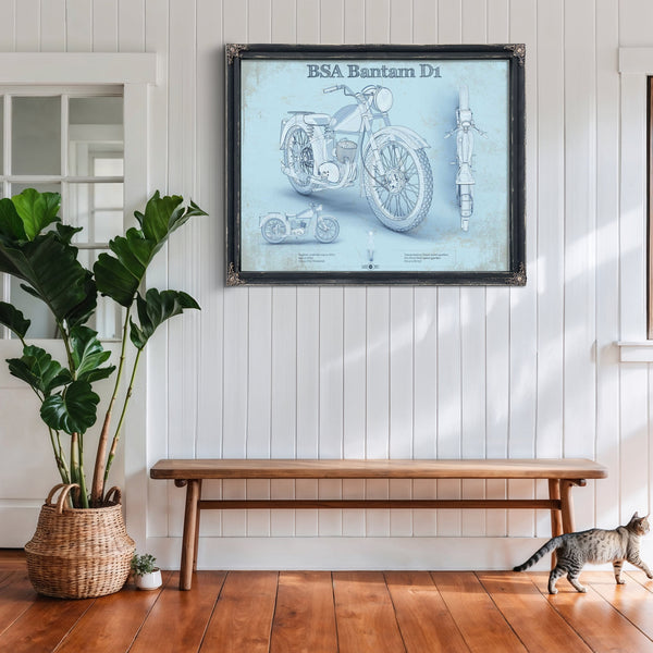 BSA Bantam D1 Blueprint Motorcycle Print framed in Vintage Black above a rustic console table