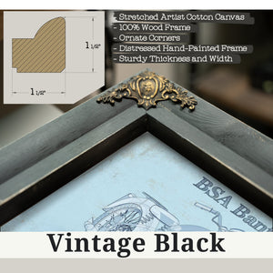 Vintage Black frame corner detail, 1.5 inch ornate wood moulding, BSA Bantam D1 Blueprint Motorcycle Print