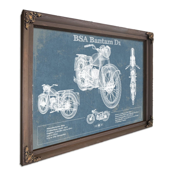 BSA Bantam D1 Blueprint Motorcycle Print in a Bourbon stained wood frame with antique gold corners