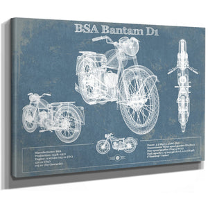 BSA Bantam D1 Blueprint Motorcycle Print as a stretched canvas wrap with gallery wrapped edges