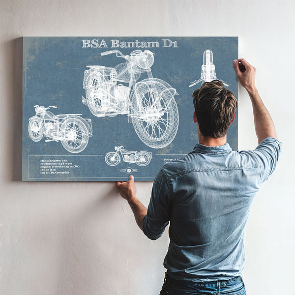 BSA Bantam D1 Blueprint Motorcycle Print framed in Vintage Black above a mid-century record console