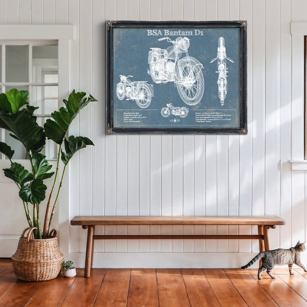 BSA Bantam D1 Blueprint Motorcycle Print framed in Vintage Black above a rustic console table