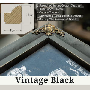 Vintage Black frame corner detail, 1.5 inch ornate wood moulding, BSA Bantam D1 Blueprint Motorcycle Print