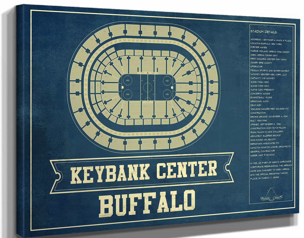 14" x 11" / Stretched Canvas Wrap Cutler West Buffalo Sabres - KeyBank Center Vintage Hockey Blueprint NHL Print